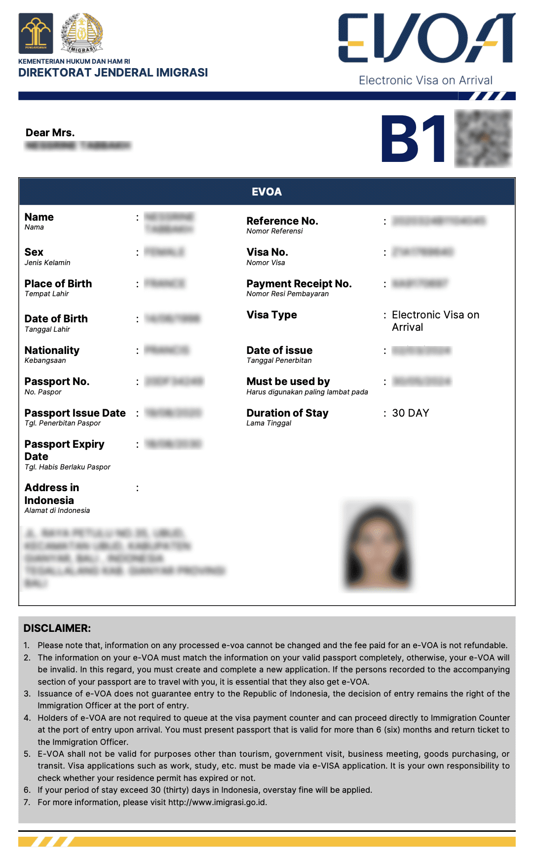 Sample of an approved B1-Tourist Visa for Indonesia
