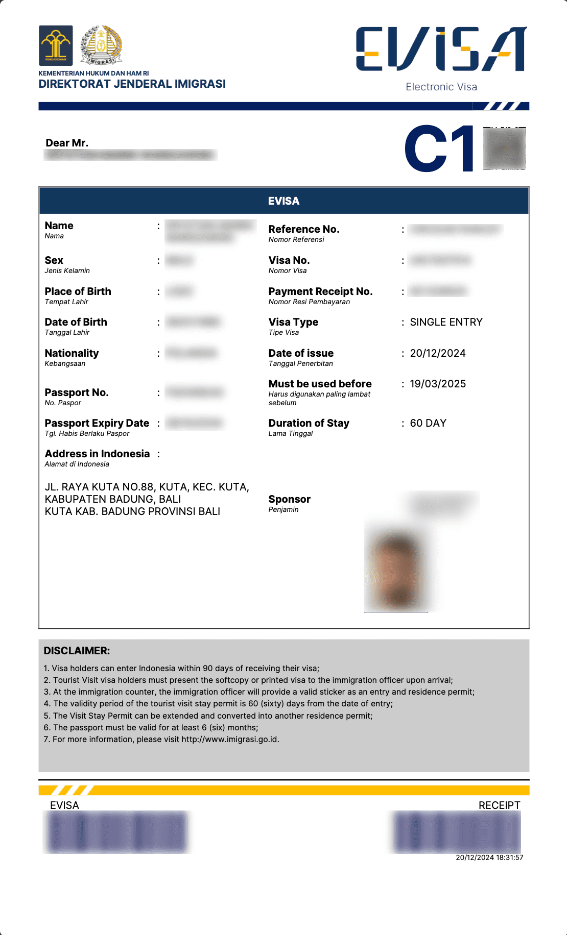 Sample of an approved C1-Tourist Single Entry Visitor Visa for Indonesia